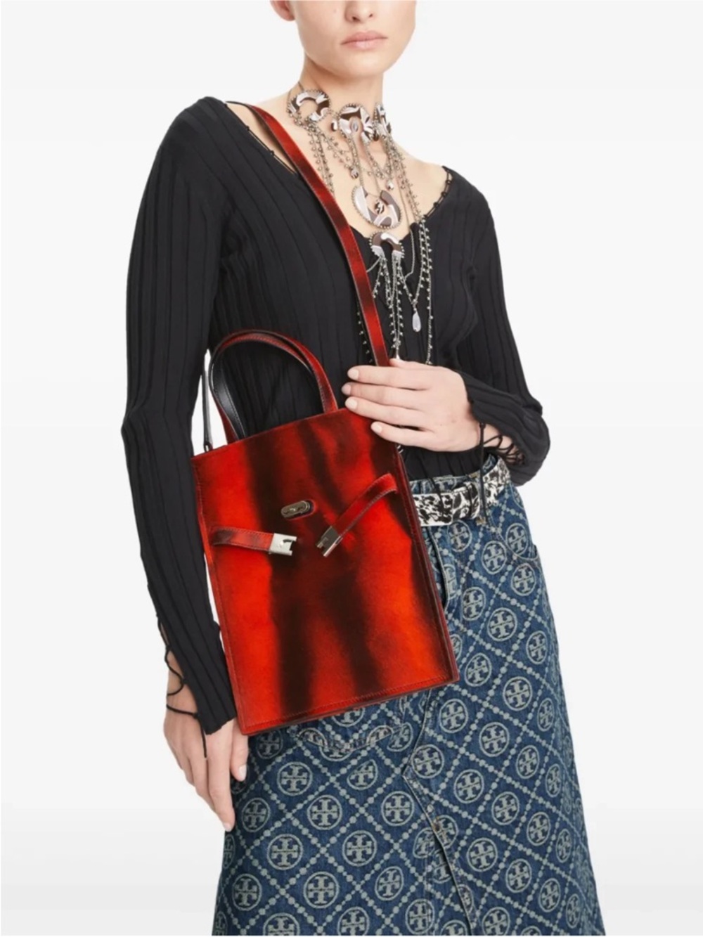 Tory Burch Lee Radzwill Red/Blackish brown Leather Tote
